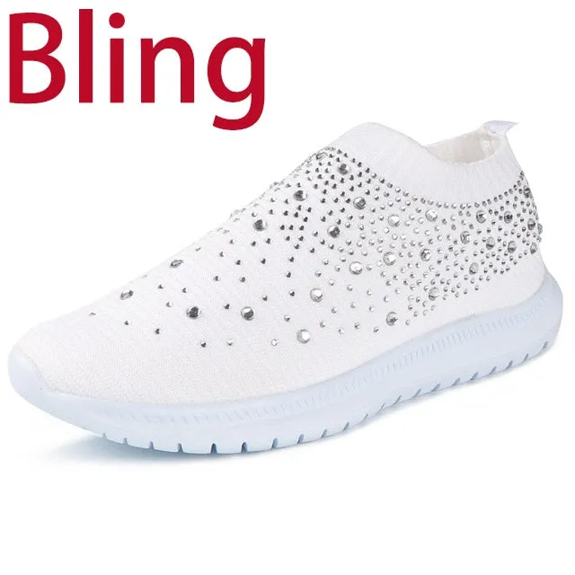 Womens Casual Slip-On Sneakers with Crystal Bling - Stylish Summer Sock Trainers Vulcanized Shoes