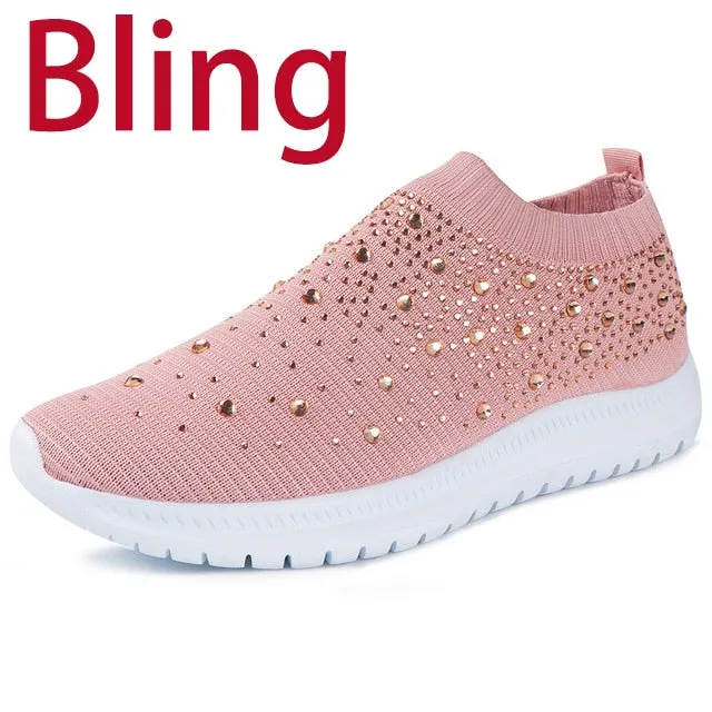 Womens Casual Slip-On Sneakers with Crystal Bling - Stylish Summer Sock Trainers Vulcanized Shoes