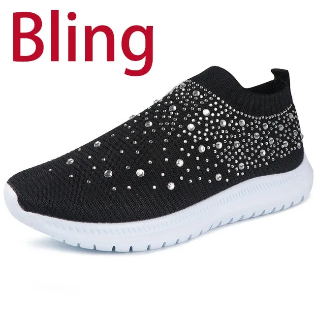 Womens Casual Slip-On Sneakers with Crystal Bling - Stylish Summer Sock Trainers Vulcanized Shoes